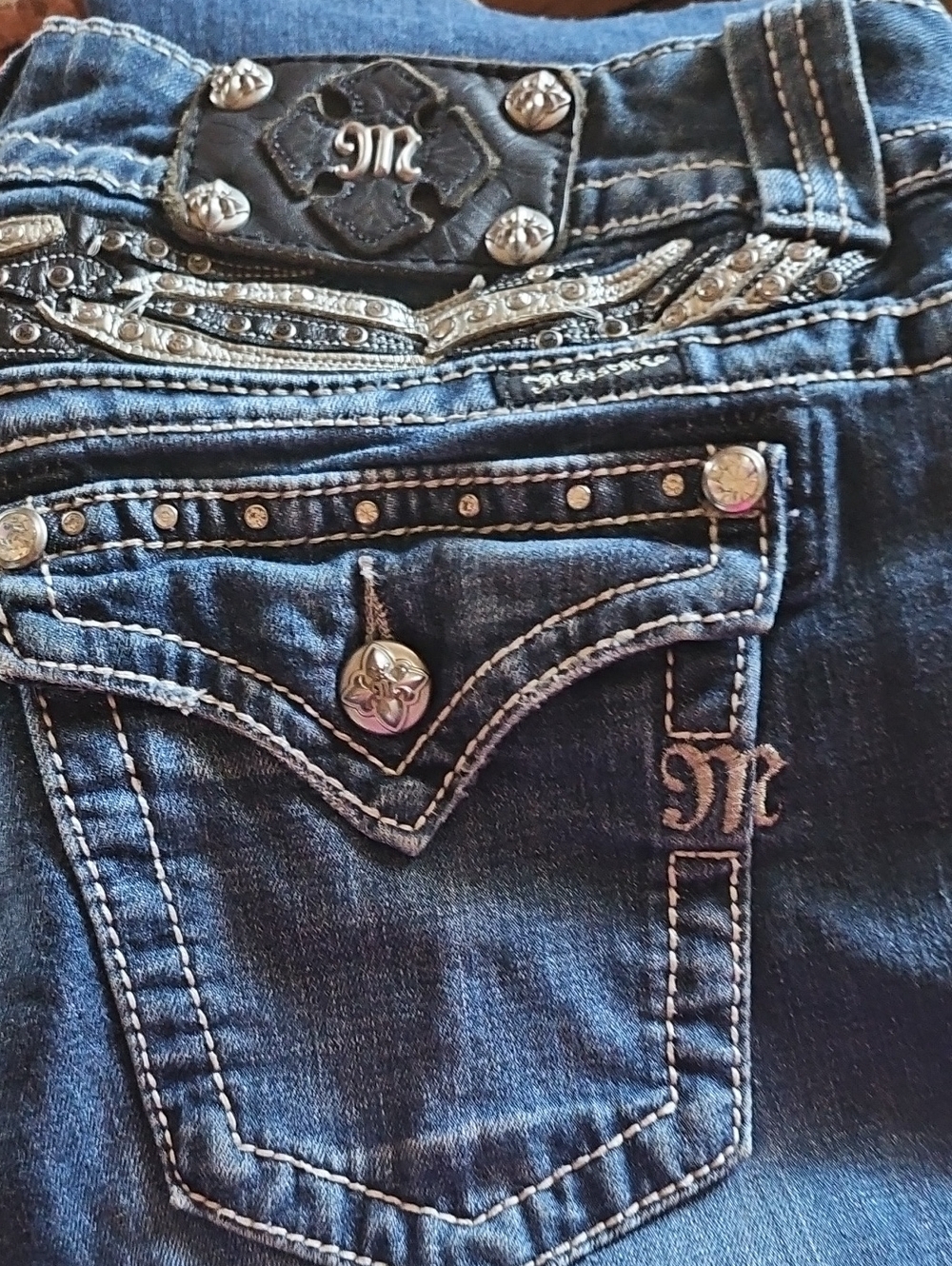 Miss Me Dark Indigo Boot Cut Jeans with Silver Embellishments